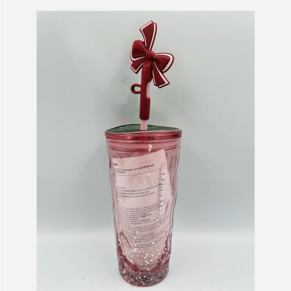 Starbucks Pink Snow Glass Holiday Bow Silicone Topper Cup Tumbler 18 Oz 2025